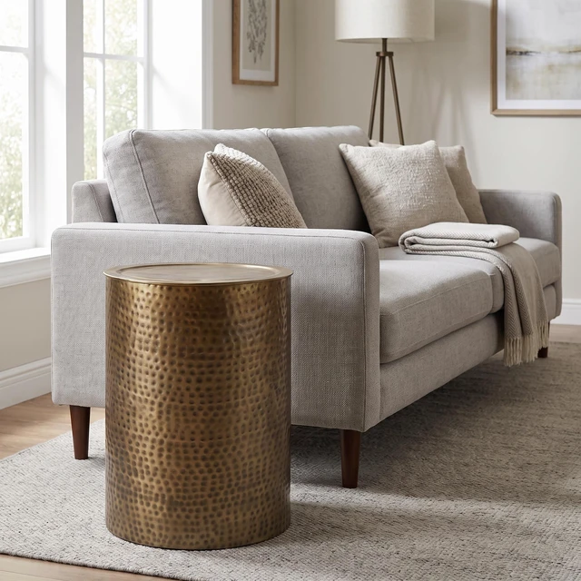 Main image of Birchridge Cylinder Hammered Drum Accent Table, Antique Gold, Metal