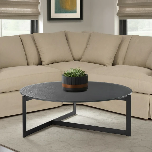 Main image of 40 in Round Gray Coffee Table with Tempered Glass Top, Glass and Metal