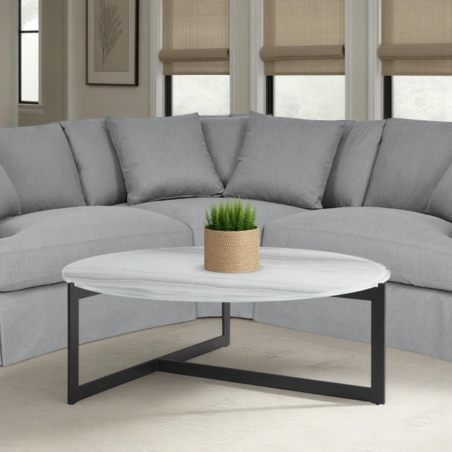 Main image of 40 in Round White Coffee Table with Tempered Glass Top, Multicolor, Glass and Metal