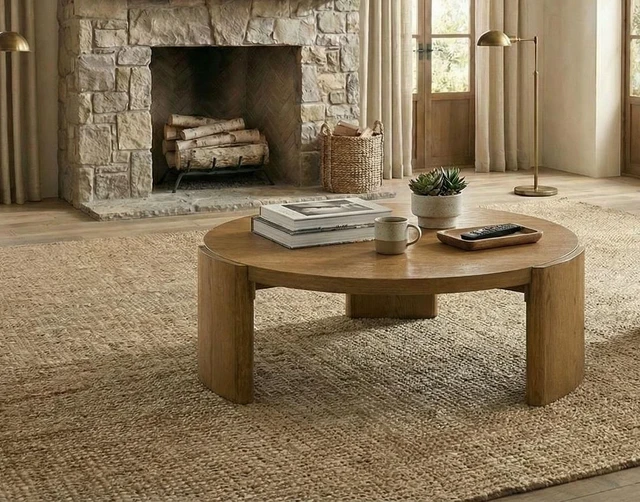Main image of 1 pc Coffee Table Walnut Finish Round Table Top Plinth Base Living Furniture, Engineered Wood and Rubber Wood