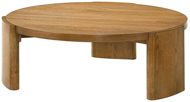Alt view image 4 of 7 - 1 pc Coffee Table Walnut Finish Round Table Top Plinth Base Living Furniture, Engineered Wood and Rubber Wood