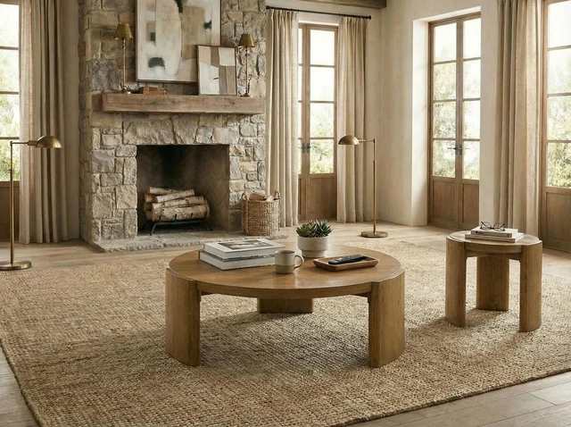 Alt view image 7 of 7 - 1 pc Coffee Table Walnut Finish Round Table Top Plinth Base Living Furniture, Engineered Wood and Rubber Wood