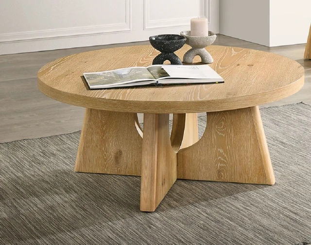Main image of 1 pc Coffee Table Pedestal Base Cross Shape Round Table Top Oak Finish Living Furnitrue, Engineered Wood and Rubber Wood
