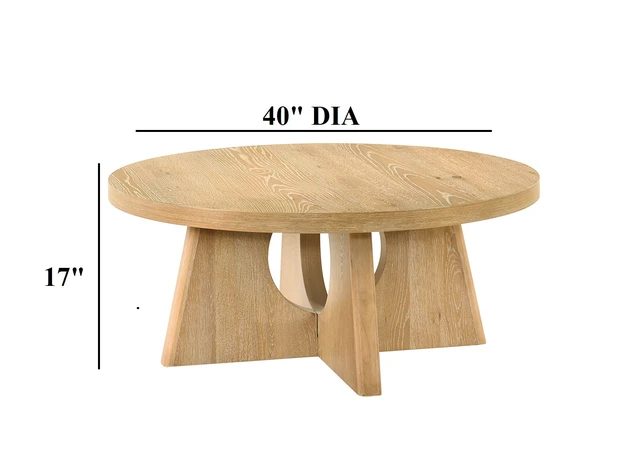 Alt view image 5 of 6 - 1 pc Coffee Table Pedestal Base Cross Shape Round Table Top Oak Finish Living Furnitrue, Engineered Wood and Rubber Wood