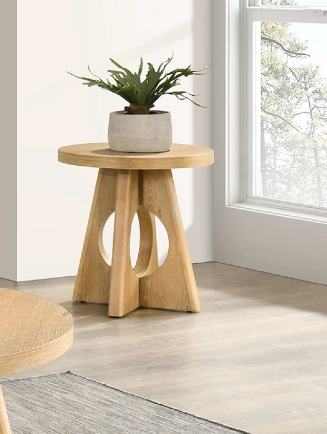 Main image of 1 pc End Table Round Top Pedestal Base Cutout Oak Finish Living Furniture, Engineered Wood and Rubber Wood