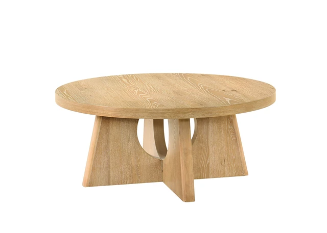 Alt view image 3 of 6 - 1 pc Coffee Table Pedestal Base Cross Shape Round Table Top Oak Finish Living Furnitrue, Engineered Wood and Rubber Wood