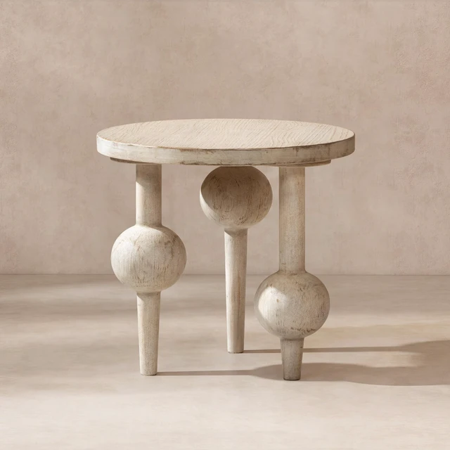 Main image of 24 Inch Round Reclaimed Sculptural Side Table Whitewashed, Natural Whitewash, Wood