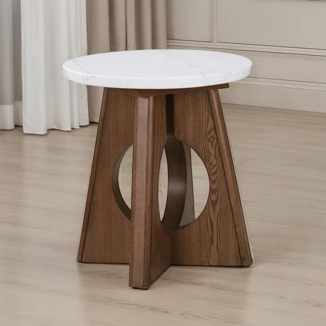 Main image of 1 pc End Table Marble Top Pedestal Base Cutoff and Oak Finish Living Furniture, Brown Oak White, Engineered Wood