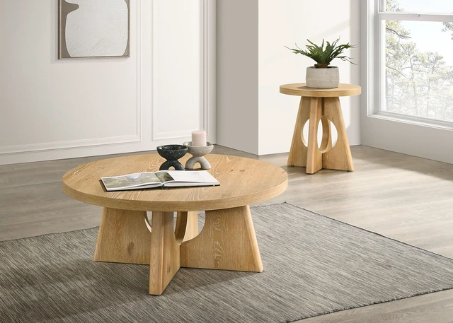 Alt view image 6 of 6 - 1 pc Coffee Table Pedestal Base Cross Shape Round Table Top Oak Finish Living Furnitrue, Engineered Wood and Rubber Wood