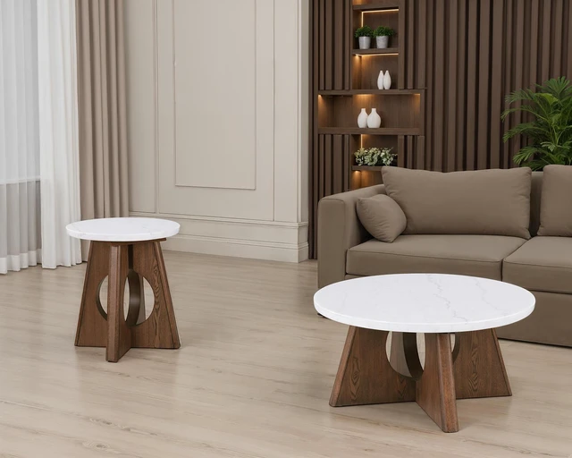 Alt view image 6 of 6 - 1 pc End Table Marble Top Pedestal Base Cutoff and Oak Finish Living Furniture, Brown Oak White, Engineered Wood