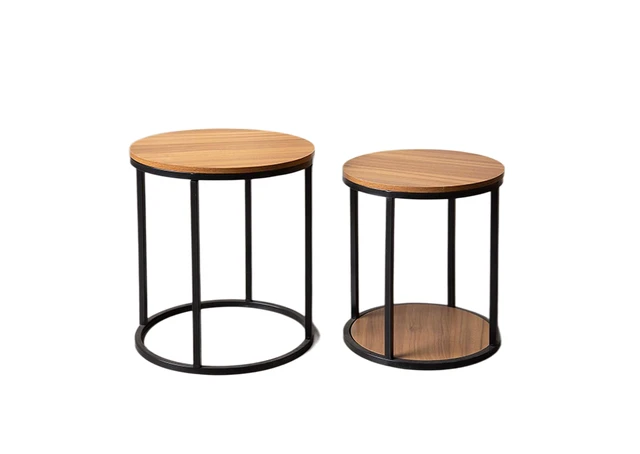 Alt view image 2 of 6 - 2 pc Nesting Table and Black Finish Mix Material Living Furniture, Natural Black, Metal and Solid Wood