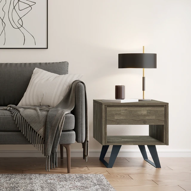 Alt view image 3 of 7 - Solid End Table in Distressed, Grey, Wood and Metal