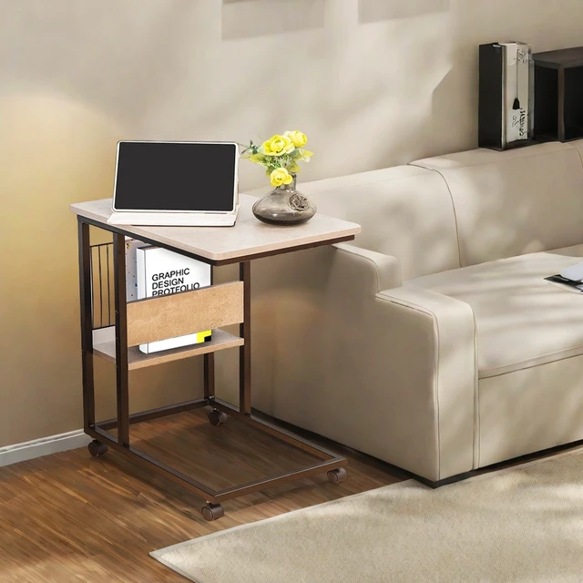 Alt view image 2 of 6 - Side End Table with Magazine Holder for Sofa, Living Couch Table Snack That Slide Under for Small Spaces, Grey, Wood