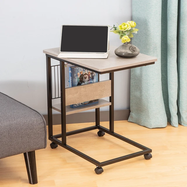 Main image of Side End Table with Magazine Holder for Sofa, Living Couch Table Snack That Slide Under for Small Spaces, Grey, Wood