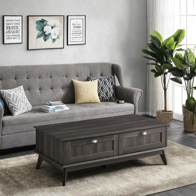 Main image of Tall Center Coffee Table with Two Fully Extended Drawers, Smoke, MDF