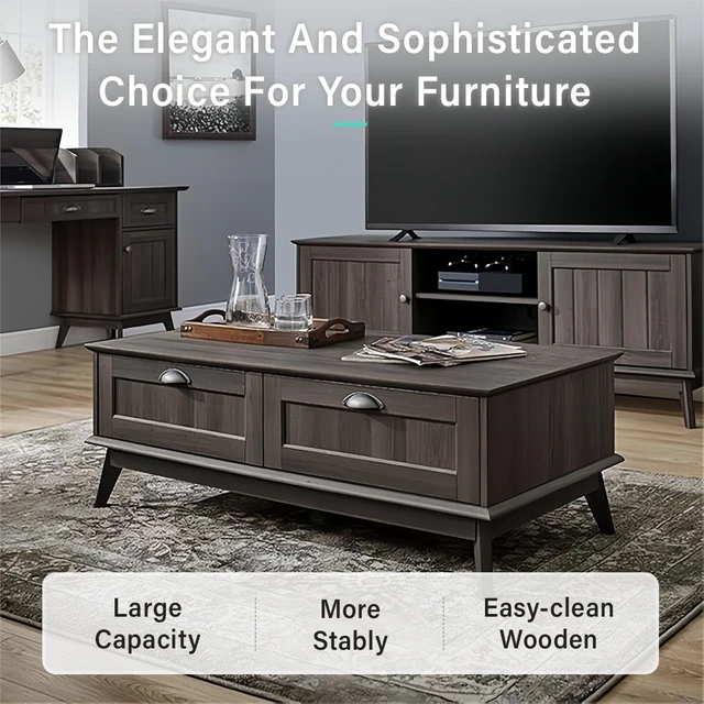 Alt view image 2 of 7 - Tall Center Coffee Table with Two Fully Extended Drawers, Smoke, MDF