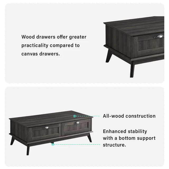 Alt view image 4 of 7 - Tall Center Coffee Table with Two Fully Extended Drawers, Smoke, MDF