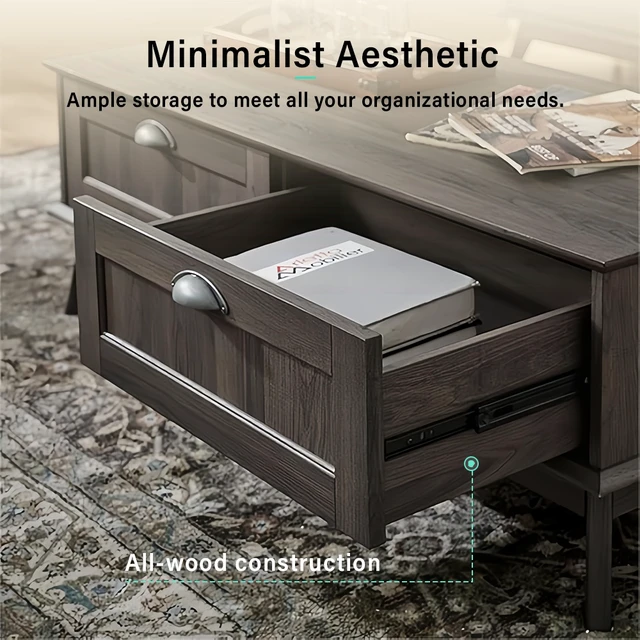 Alt view image 5 of 7 - Tall Center Coffee Table with Two Fully Extended Drawers, Smoke, MDF