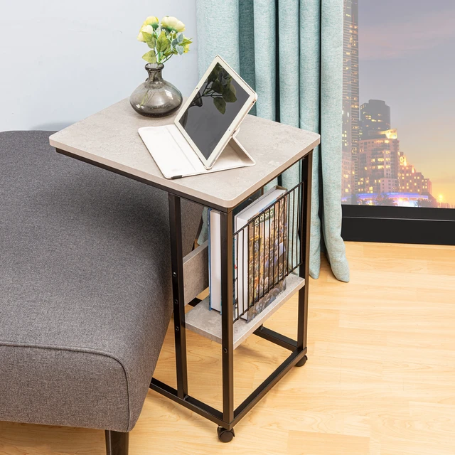 Alt view image 5 of 6 - Side End Table with Magazine Holder for Sofa, Living Couch Table Snack That Slide Under for Small Spaces, Grey, Wood