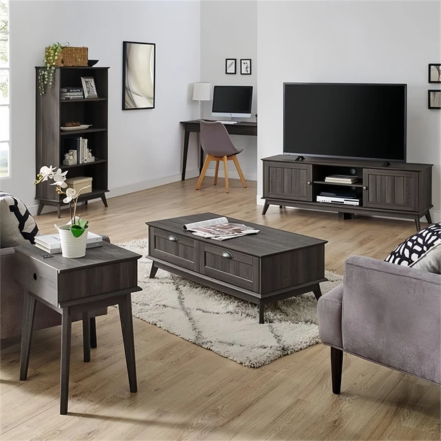 Alt view image 3 of 7 - Tall Center Coffee Table with Two Fully Extended Drawers, Smoke, MDF