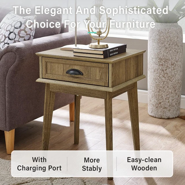 Alt view image 2 of 6 - Tall End Side Table with Fully Extended Storage Drawer, Golden Oak, MDF