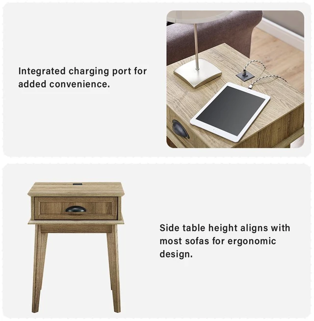 Alt view image 4 of 6 - Tall End Side Table with Fully Extended Storage Drawer, Golden Oak, MDF