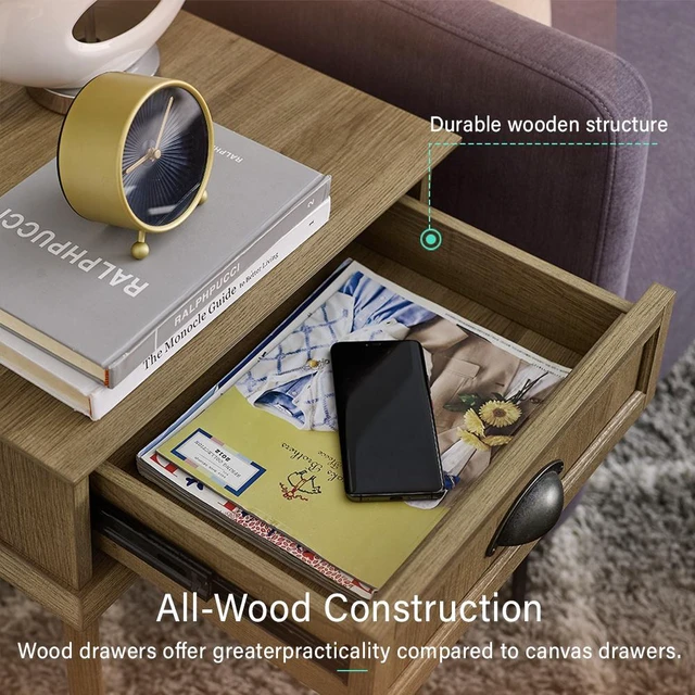 Alt view image 3 of 6 - Tall End Side Table with Fully Extended Storage Drawer, Golden Oak, MDF