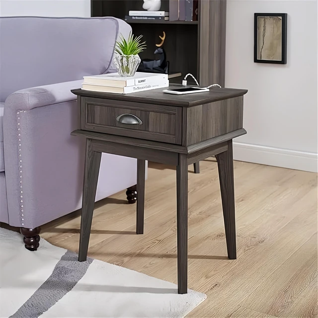 Main image of Tall End Side Table with Fully Extended Storage Drawer, Accent Living Decor Retro Furniture, Smoke, MDF