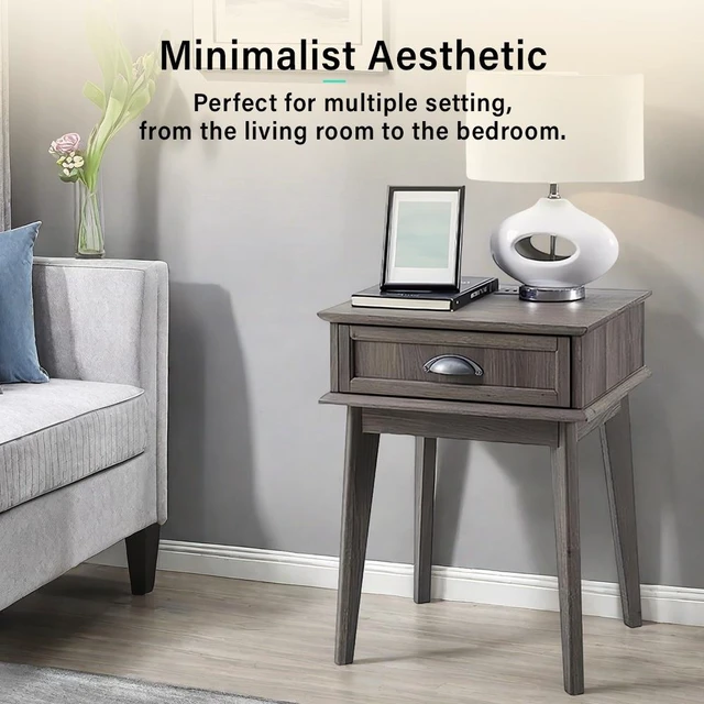 Alt view image 4 of 7 - Tall End Side Table with Fully Extended Storage Drawer, Accent Living Decor Retro Furniture, Smoke, MDF
