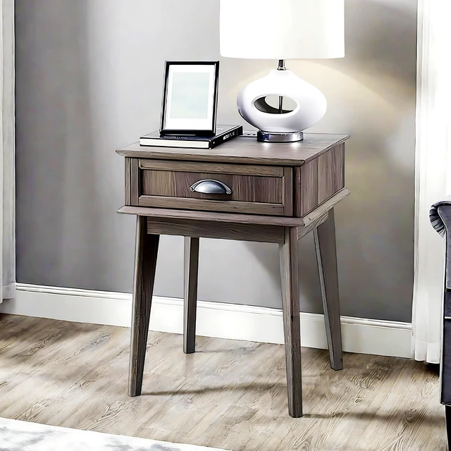 Alt view image 3 of 7 - Tall End Side Table with Fully Extended Storage Drawer, Accent Living Decor Retro Furniture, Smoke, MDF