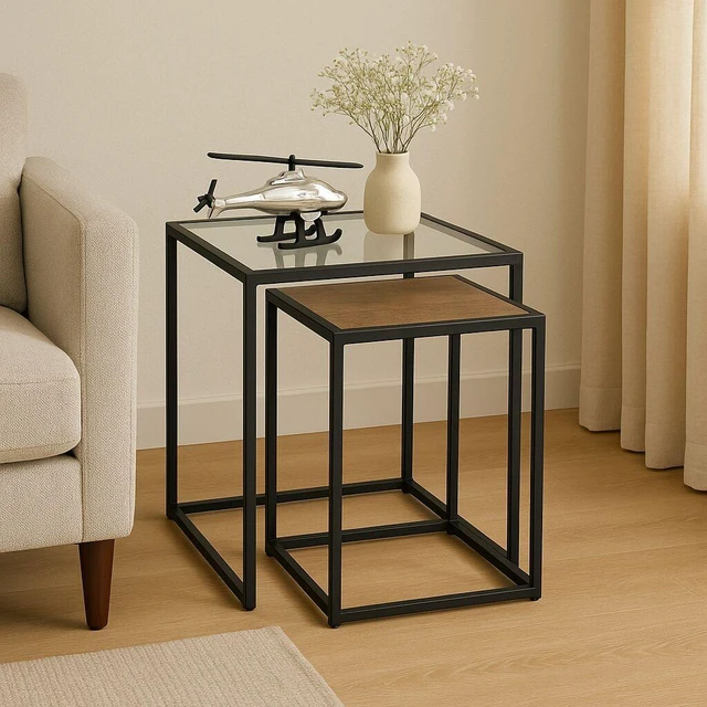 Main image of 2 Piece Glass and Metal Nesting Table Set Tables for Living, Black, Wood, Metal and Glass