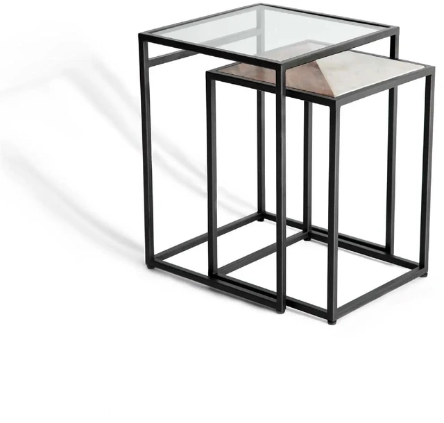Alt view image 2 of 5 - 2 Piece Glass and Metal Nesting Table Set Tables for Living, Black, Wood, Metal and Glass