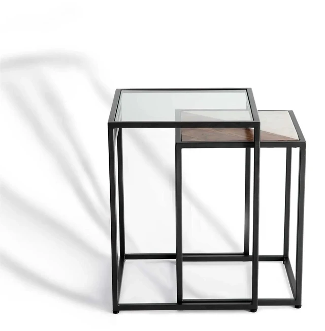 Alt view image 4 of 5 - 2 Piece Glass and Metal Nesting Table Set Tables for Living, Black, Wood, Metal and Glass