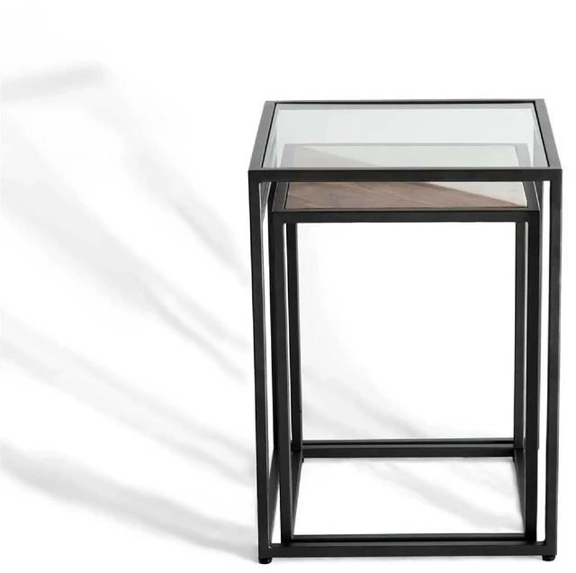 Alt view image 3 of 5 - 2 Piece Glass and Metal Nesting Table Set Tables for Living, Black, Wood, Metal and Glass