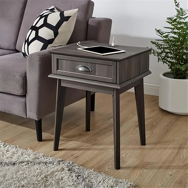 Alt view image 5 of 7 - Tall End Side Table with Fully Extended Storage Drawer, Accent Living Decor Retro Furniture, Smoke, MDF