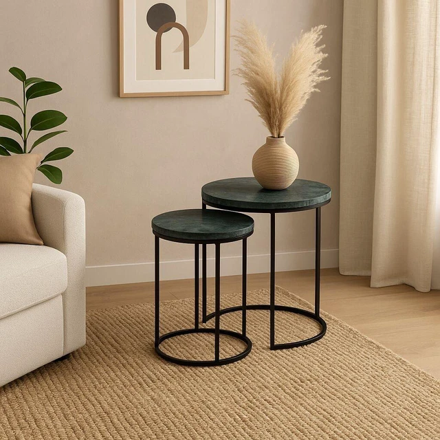 Main image of Nesting Coffee Table Set with Metal Frame, Green, Marble and Metal