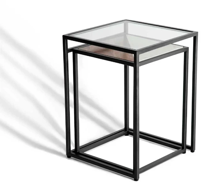 Alt view image 5 of 5 - 2 Piece Glass and Metal Nesting Table Set Tables for Living, Black, Wood, Metal and Glass