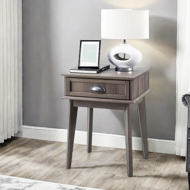 Alt view image 6 of 7 - Tall End Side Table with Fully Extended Storage Drawer, Accent Living Decor Retro Furniture, Smoke, MDF