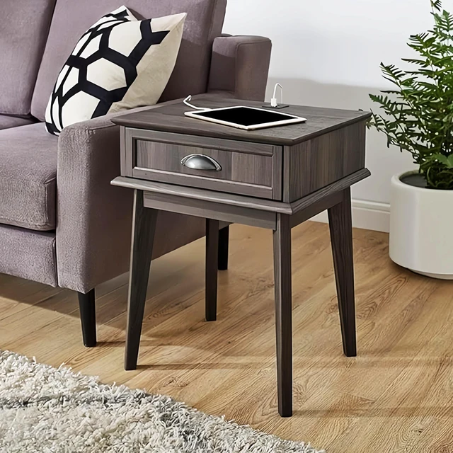 Alt view image 7 of 7 - Tall End Side Table with Fully Extended Storage Drawer, Accent Living Decor Retro Furniture, Smoke, MDF