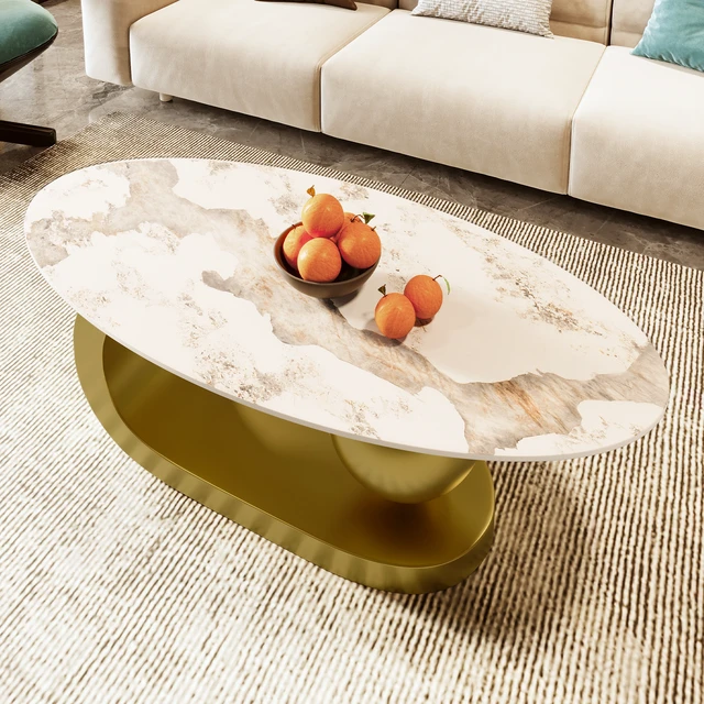 Alt view image 3 of 7 - Oval Coffee Table for Living, Pattern Sintered Stone Tabletop with Stainless Steel Base, White Gold, Metal and Stone