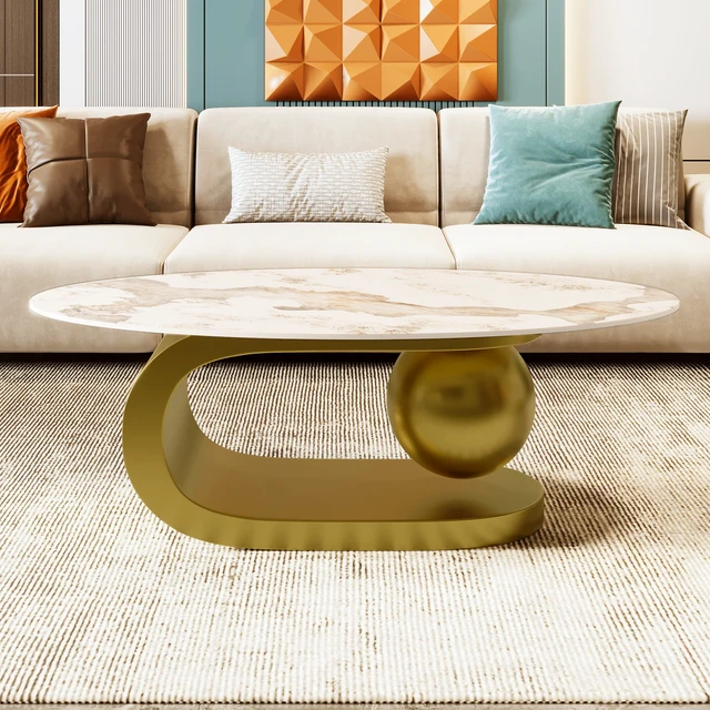 Alt view image 2 of 7 - Oval Coffee Table for Living, Pattern Sintered Stone Tabletop with Stainless Steel Base, White Gold, Metal and Stone