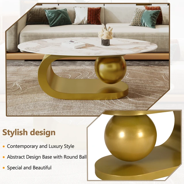Alt view image 5 of 7 - Oval Coffee Table for Living, Pattern Sintered Stone Tabletop with Stainless Steel Base, White Gold, Metal and Stone