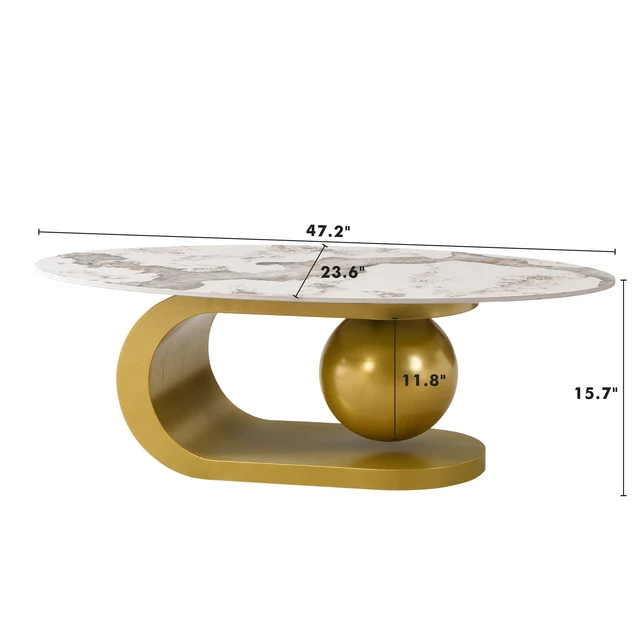 Alt view image 7 of 7 - Oval Coffee Table for Living, Pattern Sintered Stone Tabletop with Stainless Steel Base, White Gold, Metal and Stone
