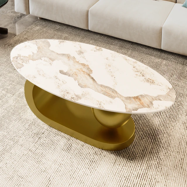 Alt view image 4 of 7 - Oval Coffee Table for Living, Pattern Sintered Stone Tabletop with Stainless Steel Base, White Gold, Metal and Stone