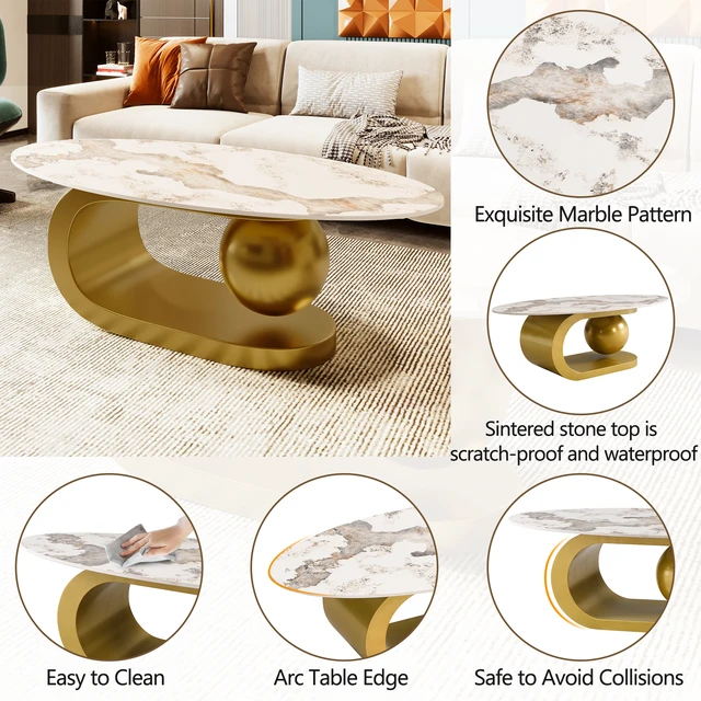 Alt view image 6 of 7 - Oval Coffee Table for Living, Pattern Sintered Stone Tabletop with Stainless Steel Base, White Gold, Metal and Stone