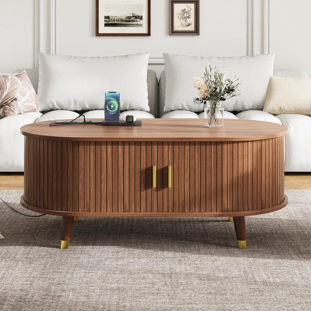 Alt view image 2 of 7 - Wooden Oval Fluted Coffee Table with Charging Station, Mid-Century Center Table with Sliding Tambour Door Cocktail
