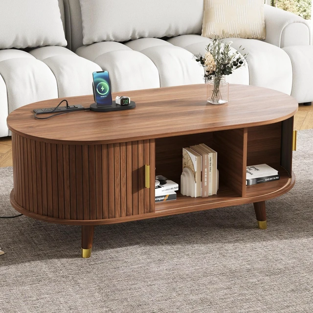Main image of Wooden Oval Fluted Coffee Table with Charging Station, Mid-Century Center Table with Sliding Tambour Door Cocktail
