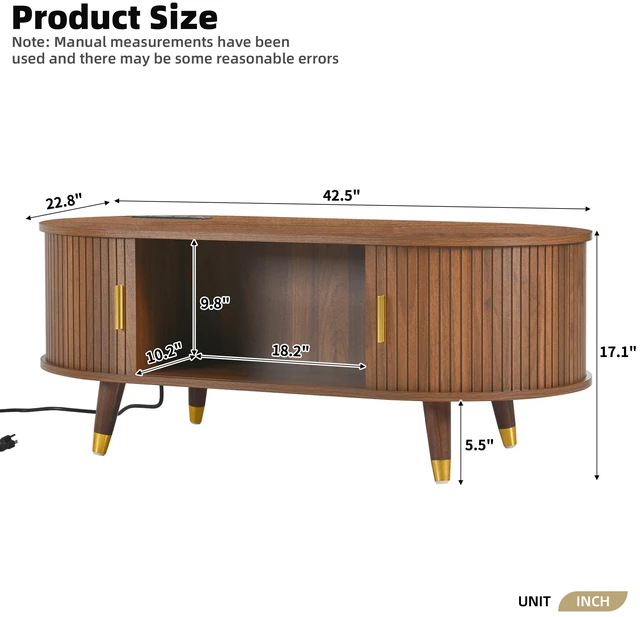 Alt view image 7 of 7 - Wooden Oval Fluted Coffee Table with Charging Station, Mid-Century Center Table with Sliding Tambour Door Cocktail