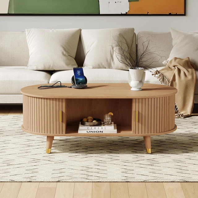 Alt view image 2 of 7 - 42.5 Inch Wooden Oval Fluted Coffee Table with Charging Station, Mid-Century Center Table with Sliding Tambour Door