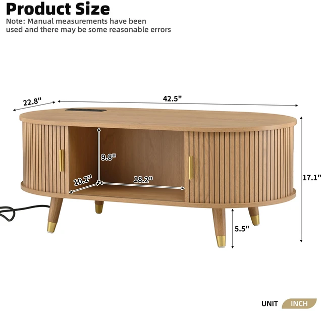 Alt view image 7 of 7 - 42.5 Inch Wooden Oval Fluted Coffee Table with Charging Station, Mid-Century Center Table with Sliding Tambour Door